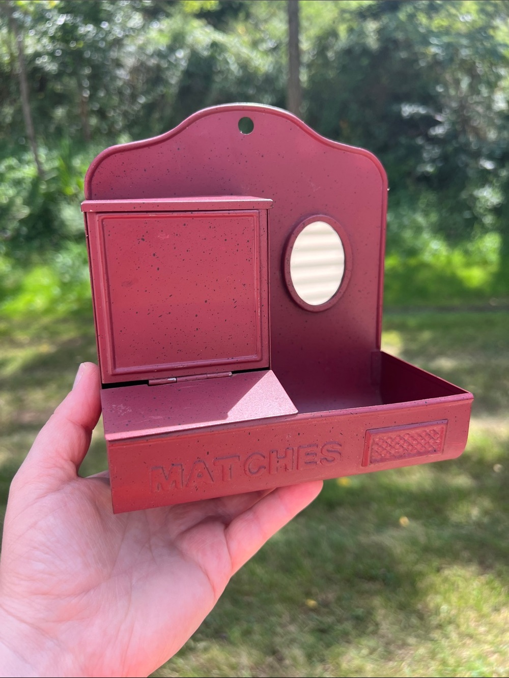 Vintage Farmhouse Red Tin Match Holder Match Safe with Oval Mirror Wall Hanging